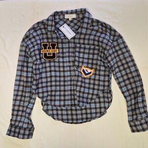 No Comment Womens Small Plaid Flannel Button Down Shirt Game Day Patches Blue